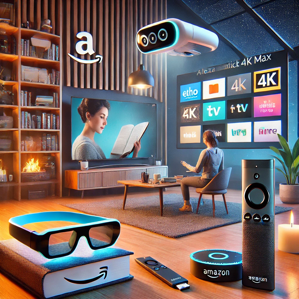 dalle 2025 02 25 09 58 24 a visually engaging image showcasing five innovative amazon products 1 echo frames smart glasses with a sleek modern design featuring alexa integ